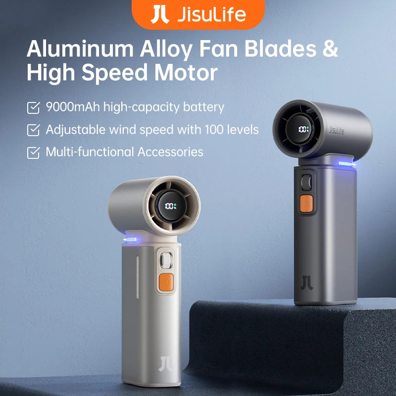 JISULIFE Portable Turbo Handheld Fan, 100 Winds Speeds Adjustable, 9000 mAh Rechargeable Battery, LED Display, Outdoor Camping